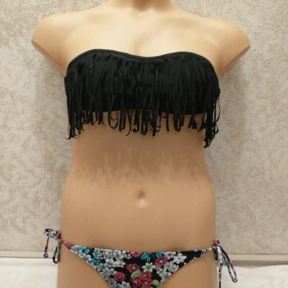 Xhilaration Black Fringe Bikini with Colorful Floral Bottom - Picture 1 of 12